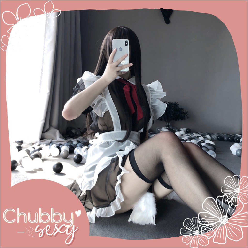 Cosplay Sexy Hầu Gái - Siêu phẩm set đồ cô hầu gái ren đen yếm trắng nơ đỏ - CPL16 - Chubby.sexy