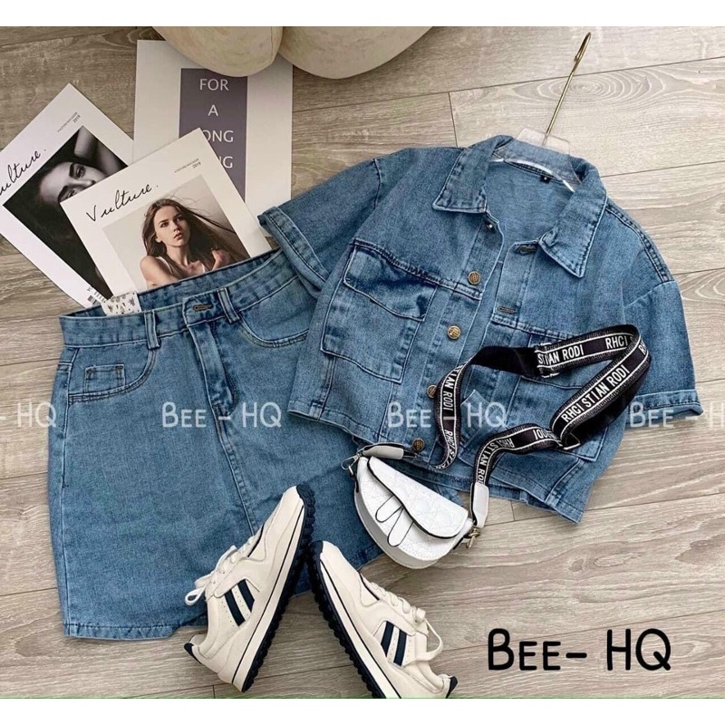 Set Bò Denim Cao Cấp (Hàng Loại 1) Áo Bò Tay Cộc Mix Chân Váy Hàng Quảng Châu