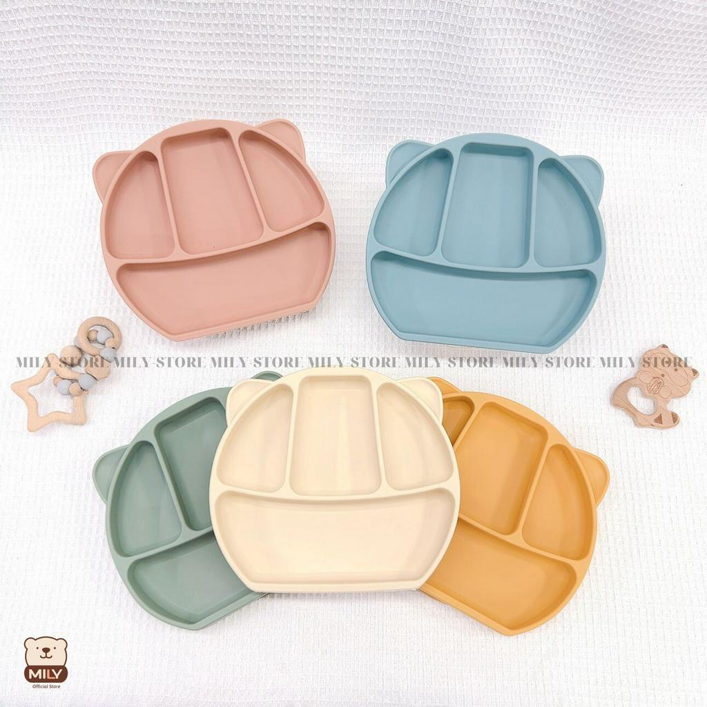 Khay ăn dặm chính hãng Mily 4 ngăn hình tai gấu có đế hít chống đổ làm từ silicon.