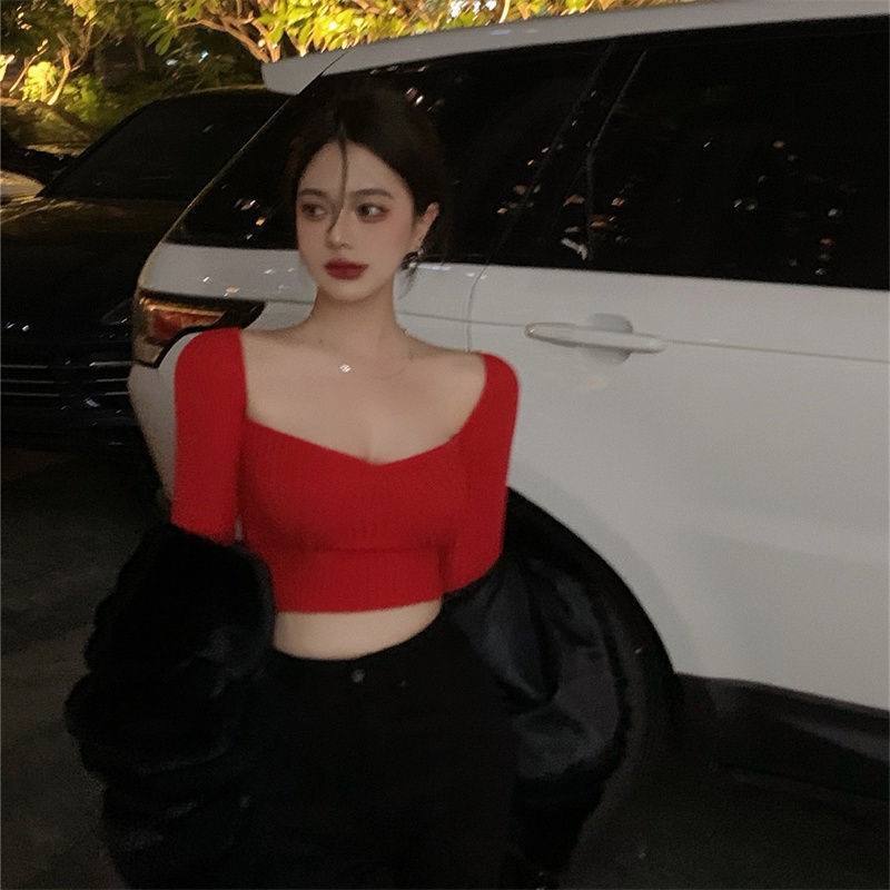 Cocory vn Áo kiểu croptop tay dài cổ chữ V quyến rũ thời trang dành cho nữ