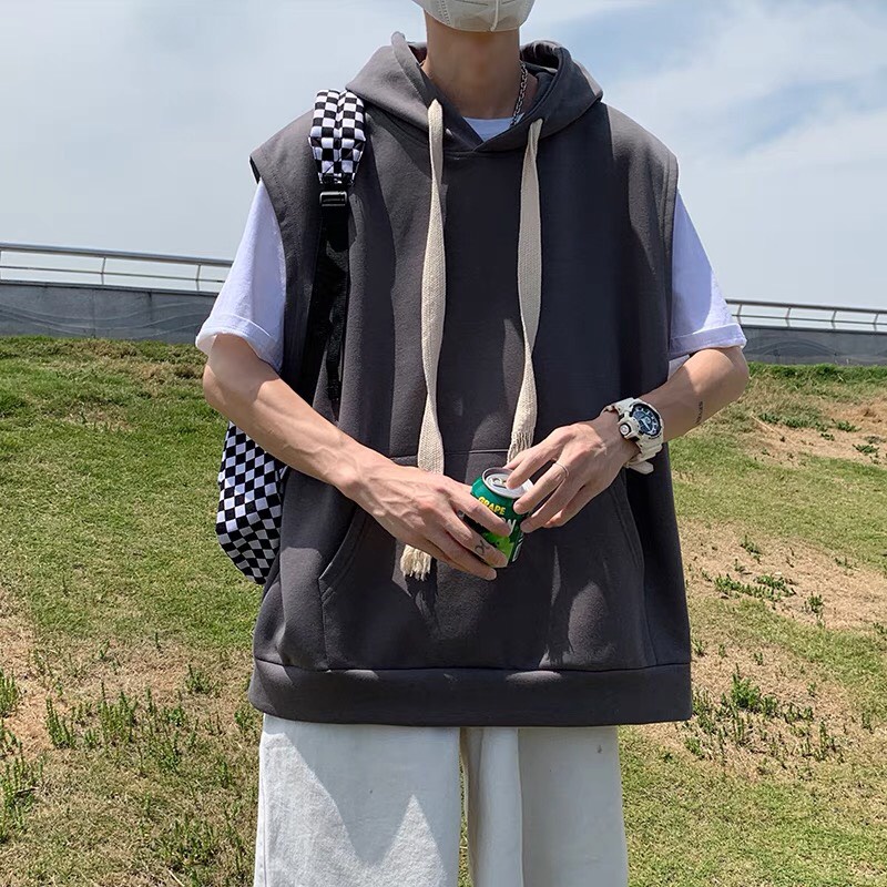 Áo Hoodie  form rộng trơn sát nách có mũ trùm đầu phối dây dài Áo HOODIE cổ tròn khồng tay nam nữ đều mặc mùa  thu đông