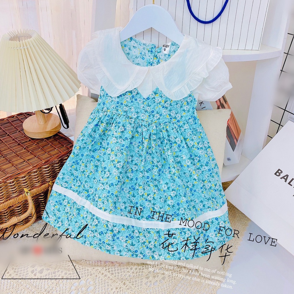 [V24] Váy Xòe Tay Bông Phối Ren Họa Tiết Hoa Cho Bé Gái Chất Vải Đũi Mịn Đủ Size Từ 8-18Kg VNXK Nhật-Hàn