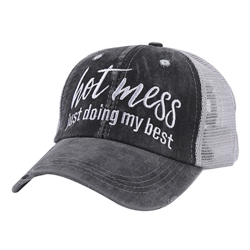 Mũ Lưỡi Trai Denim Phối Lưới Thêu Chữ Phong Cách Vintage