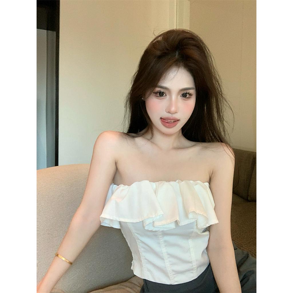 QADCOL Áo Croptop Hai Dây Nhún Bèo Phong Cách Pháp Thời Trang Mùa Hè Quyến Rũ Cho Nữ