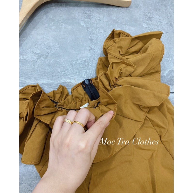 Váy trễ vai nâu tây phối bèo dáng xoè chữ A ngắn tiểu thư siêu xinh, Đầm dự tiệc bẹt vai chất thô mềm đẹp | BigBuy360 - bigbuy360.vn