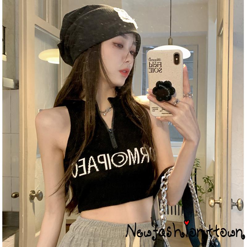 Áo Croptop Trễ Vai Không Tay Khóa Kéo Trước Màu Trắng / Đen Thời Trang Mùa Hè Cho Nữ