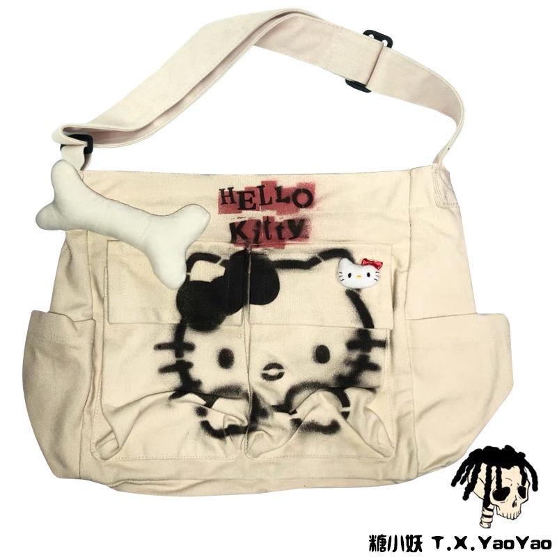 Túi Đeo Chéo Đi Học Vải Lanh Cotton Họa Tiết Hellokitty Thời Trang Cho Nam Và Nữ