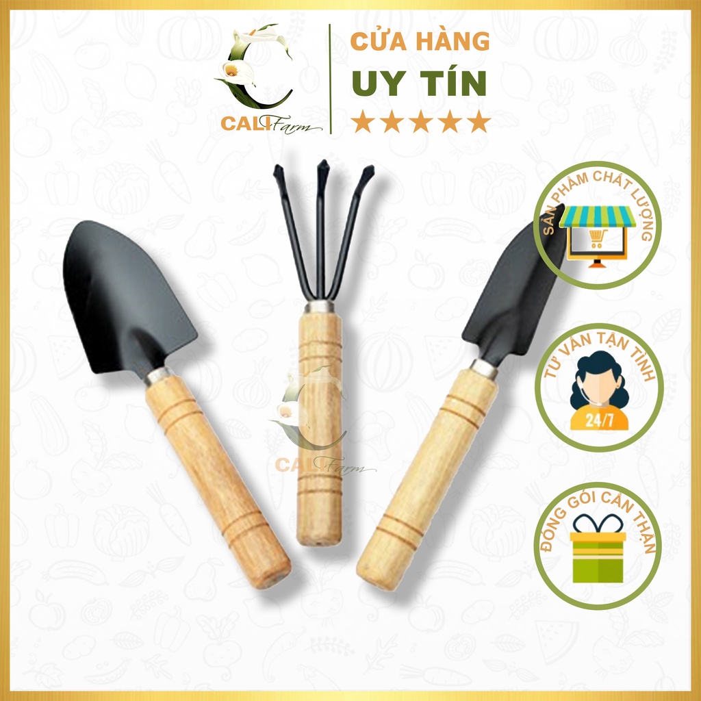 Bộ Ba Dụng Cụ Làm Vườn Mini Cán Gỗ [Loại Dày]