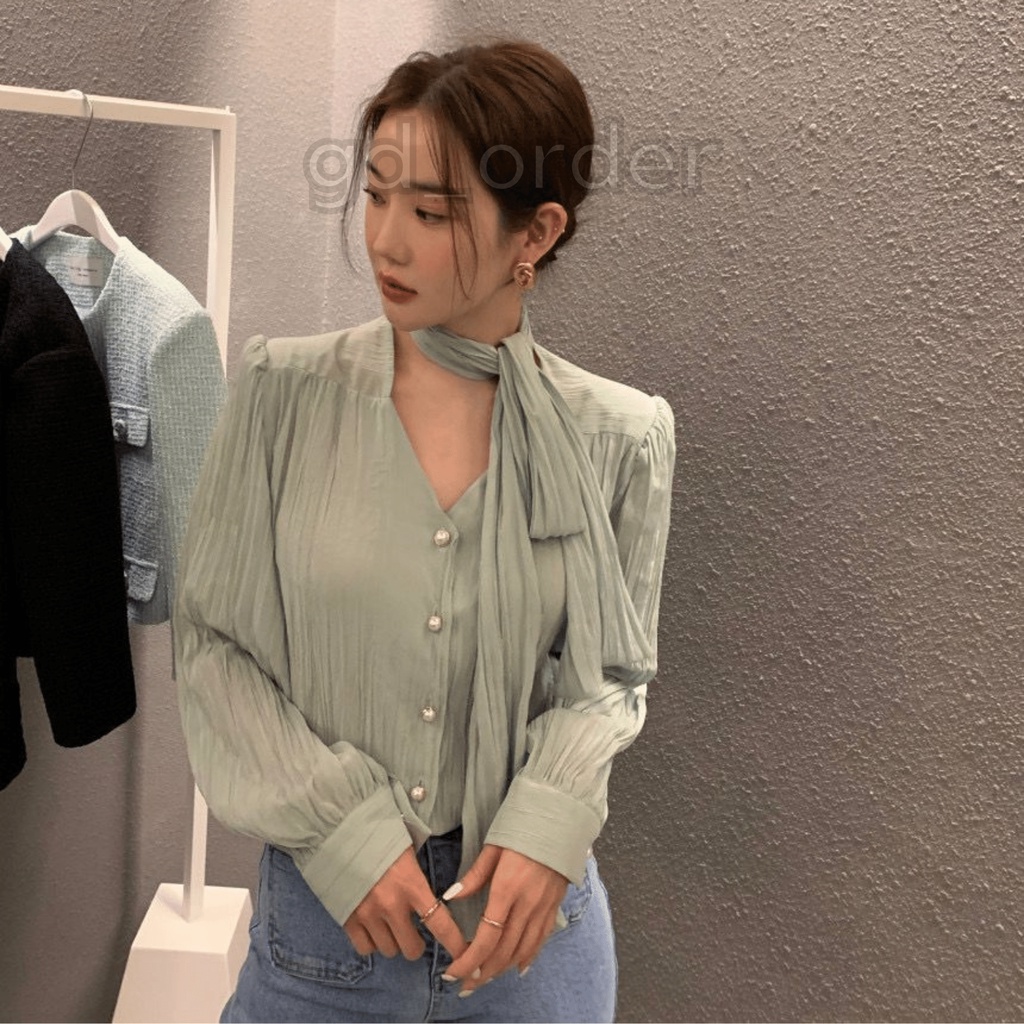 A18|Áo sơ mi nữ công sở đẹp kiểu hàn quốc dây đai cổ tay phồng gd_order