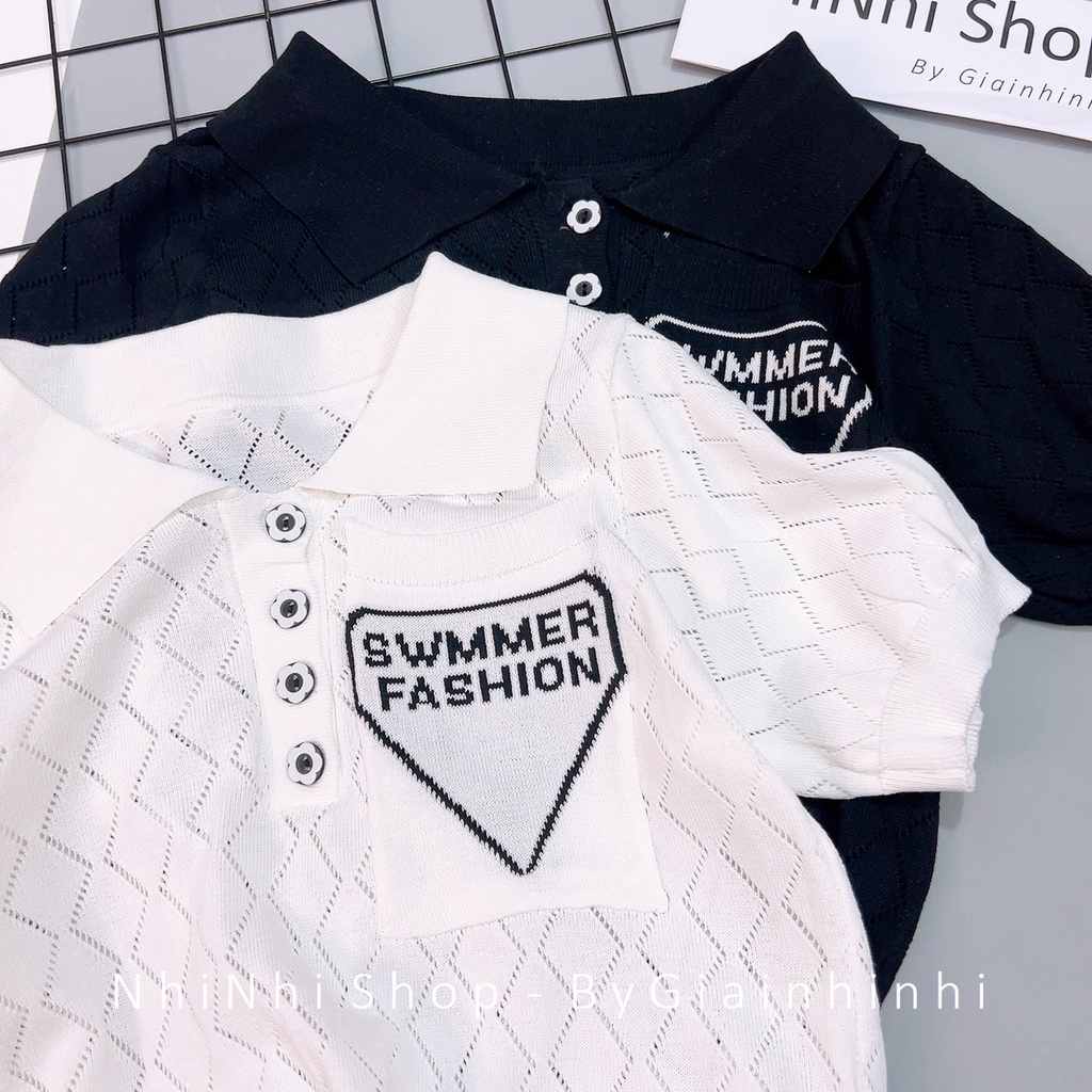 Áo len polo ô trám logo ngực, Áo kiểu len cổ bẻ mỏng ngắn tay AL7677 - NhiNhi Shop