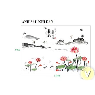 Decal dán tường thủy mặc hoa sen