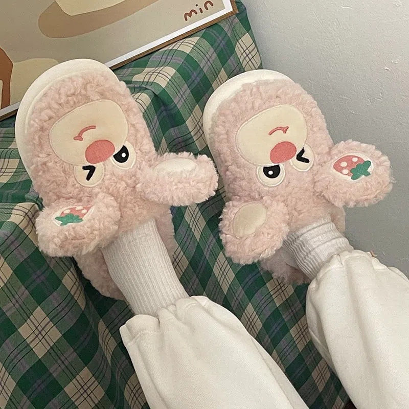 Dép cotton RENBEN đi trong nhà đế mềm chống trượt phối lông nhung họa tiết gấu dâu tây dễ thương cho nữ