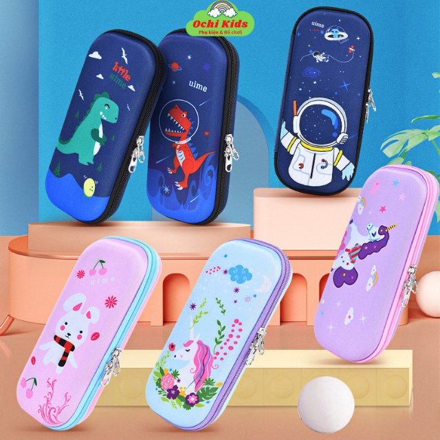 Hộp bút vải lụa mềm xốp in hình 3D, bóp viết nhựa 2 ngăn, ví đựng bút cho bé trai gái tiểu học