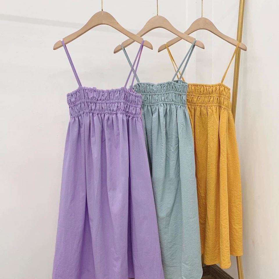Đầm babydoll 2 dây nhún ngực nút ngọc form suông rộng có thể mặc như đầm bầu