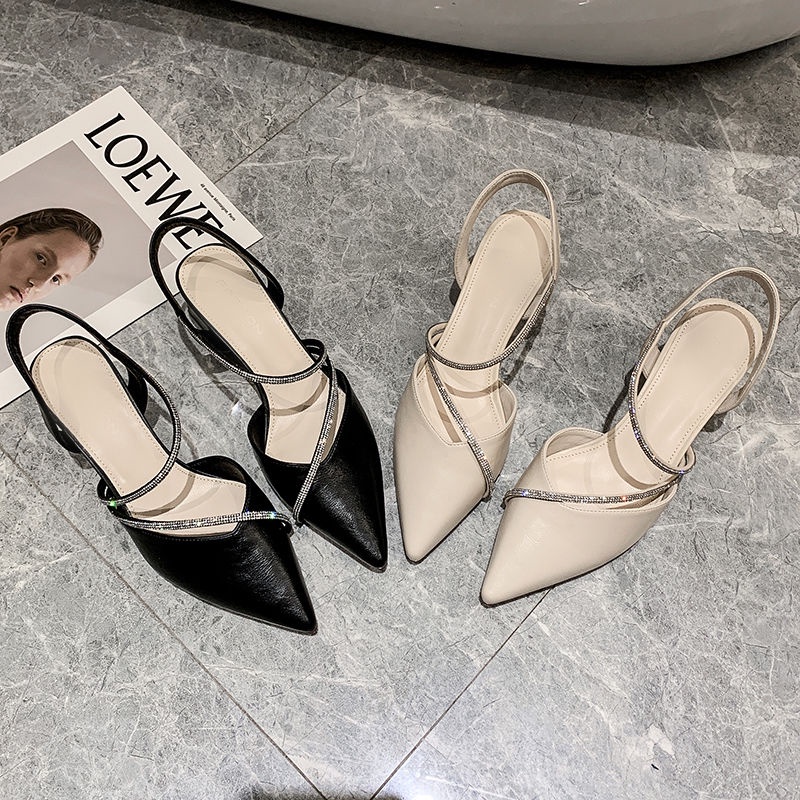 Giày Sandal Mũi Nhọn Đế Bằng Đính Đá Thời Trang Xuân Hè Phong Cách Hàn Quốc Cho Nữ