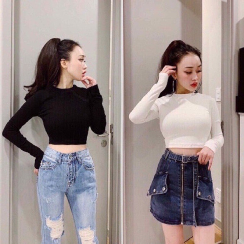 A14-Áo croptop tay dài cổ tròn nữ Sammivnxk🌸Áo thun croptop nữ dài tay cổ tròn chất len zip hàn chuẩn loại 1💥{free ship}