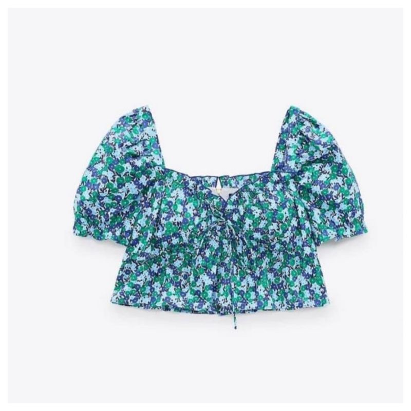Áo hoa xanh nhún croptop hàng QCL1