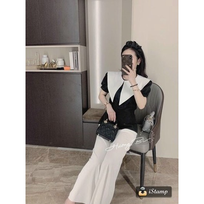 Áo sơ mi nữ kiểu cổ nhọn phối màu hình lá tôn dáng