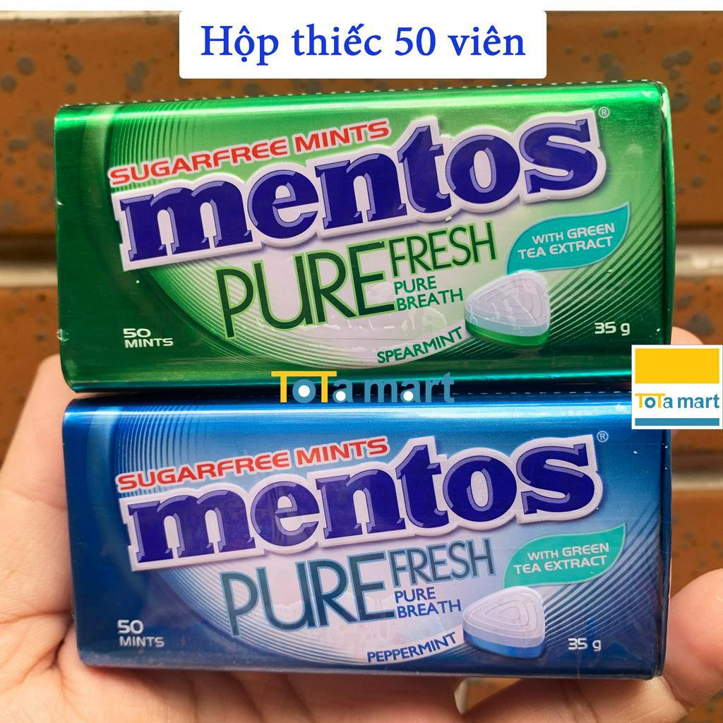 Kẹo ngậm không đường MENTOS PURE FRESH với peppermint và trà xanh hộp thiếc 35g