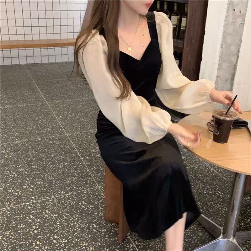 Đầm Nhung Phối Voan Tay Phồng Cổ Vuông Màu Đen Thời Trang Cho Nữ