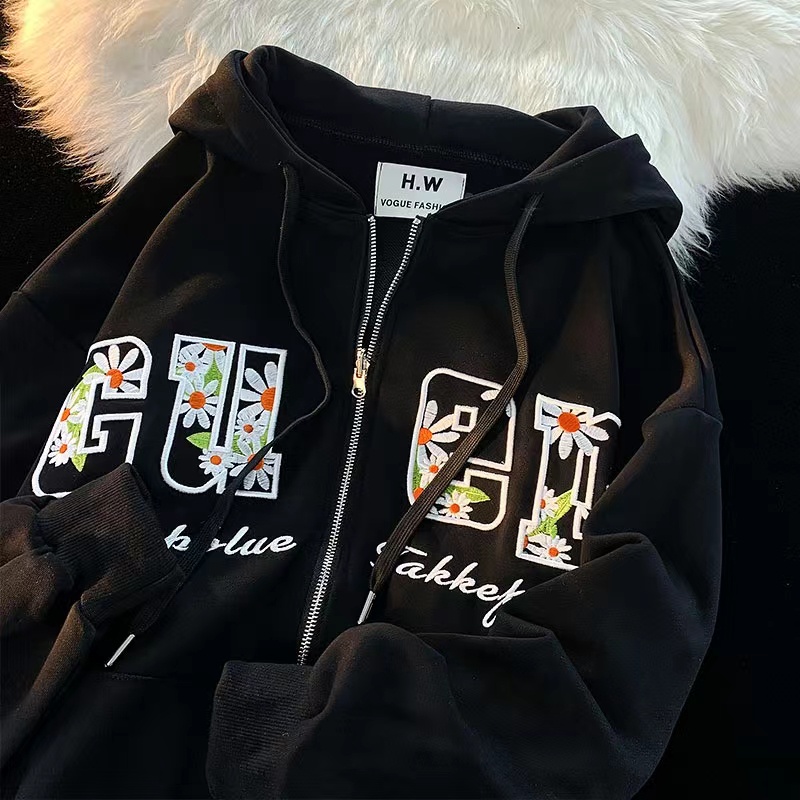 ZHELIHANGFEI Áo Hoodie Tay Dài Dáng Rộng Thêu Họa Tiết Phong Cách Nhật Bản