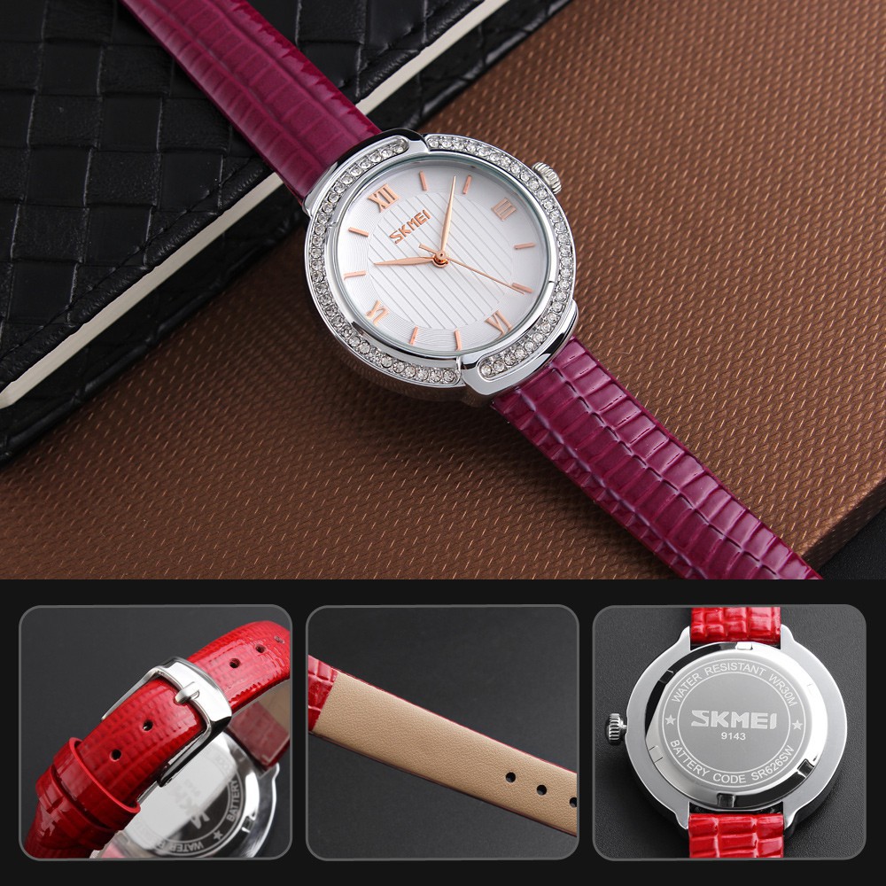 ĐỒNG HỒ NỮ SKMEI 9143, DÂY DA CAO CẤP, MẶT TRÒN ĐÍNH ĐÁ, THIẾT KẾ SANG TRỌNG Bán lẻ giá sỉ