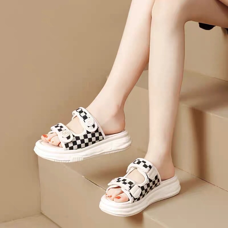 Dép sandal nữ 2 Đồng Xu Quai Dán CARO 2 màu cao cấp