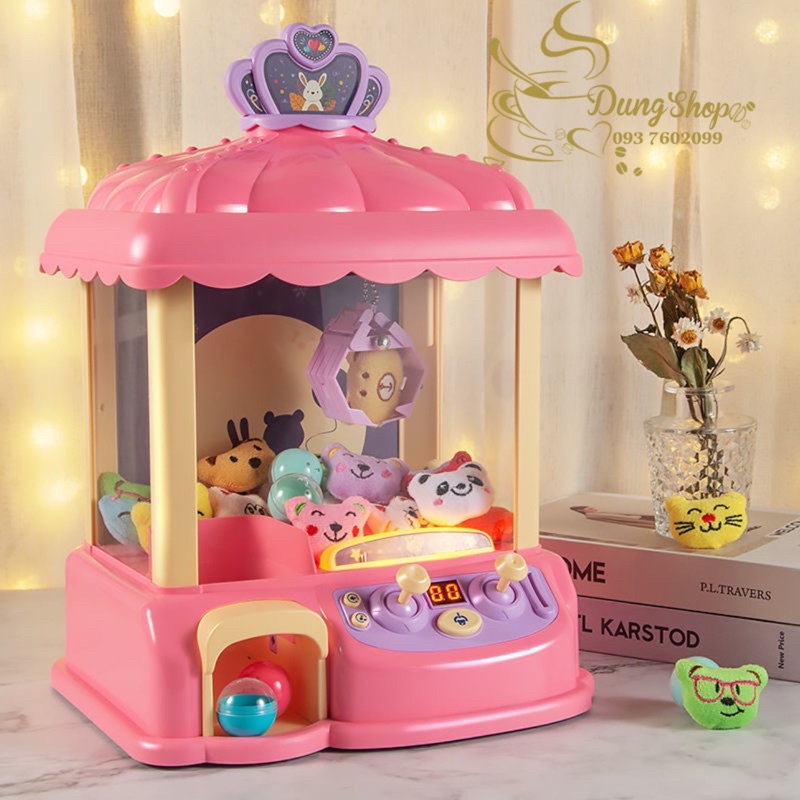 máy gắp thú cỡ lớn cho bé màu hồng kèm gấu và xu