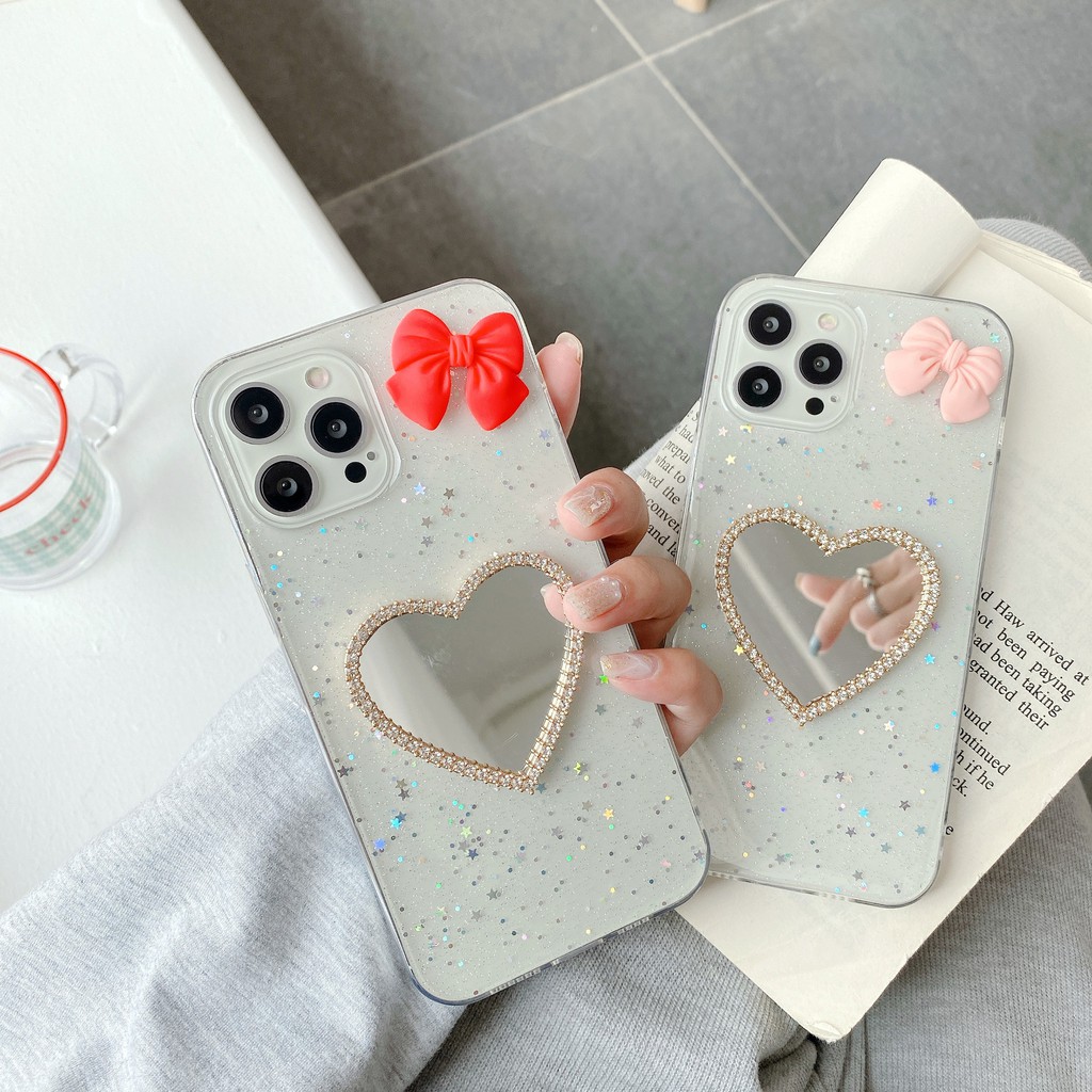 Ốp điện thoại tpu mềm đính nơ gương trang điểm hình trái tim cho Samsung Galaxy Note 8 9 A6 J6 J4 Plus A9 A7 2018 M10