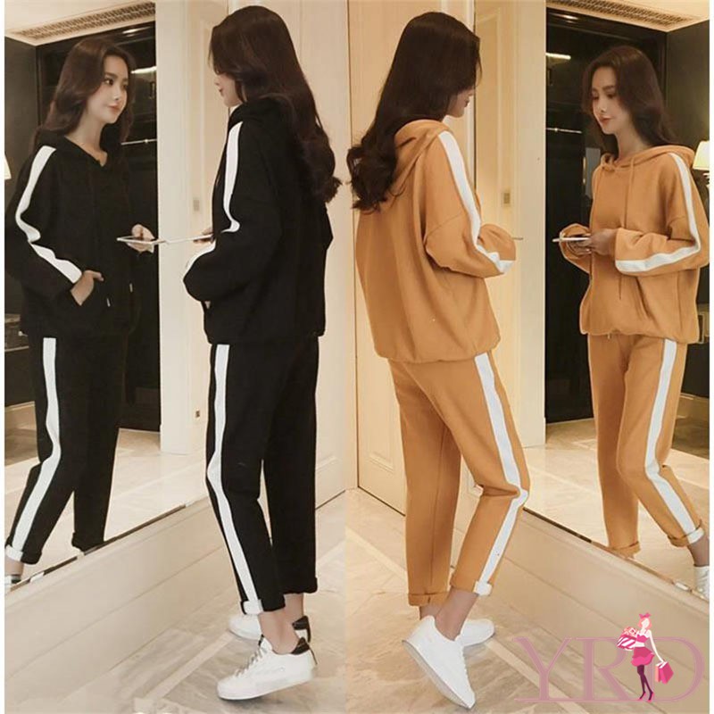 Bộ áo hoodie + quần dài thể thao cùng màu trẻ trung cho nữ