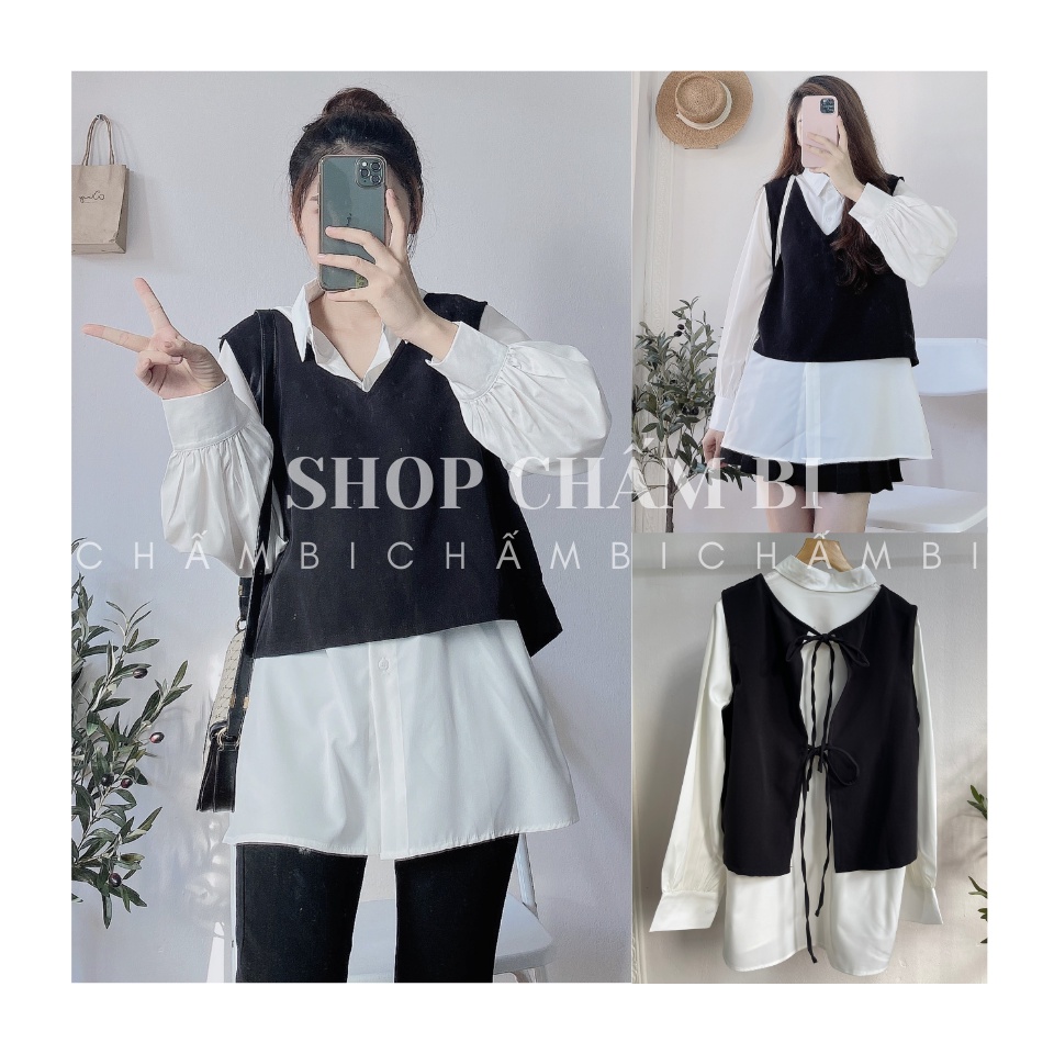 Sét gồm áo sơ mi trắng cổ đức form rộng và yếm gile A.248