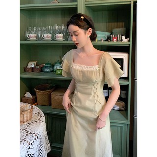 Đầm cổ tích màu xanh ngọc cổ vuông tay loe eo đan dây váy thiết kế tiểu thư dáng dài (Order quảng châu)