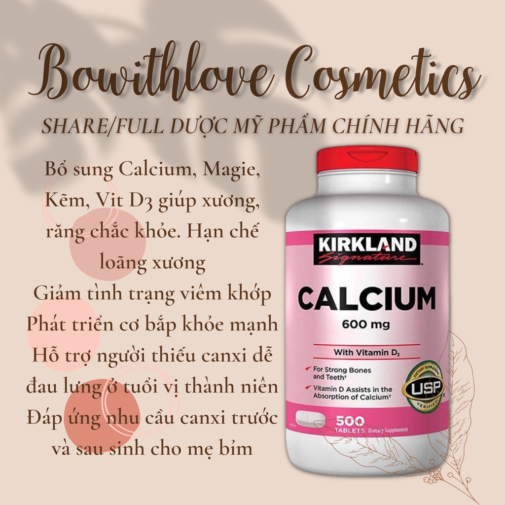 [Hàng Bay Air] Viên Uống Calcium 600mg + Vitamin D3 Kirkland 500 viên - Canxi Kirkland Mỹ