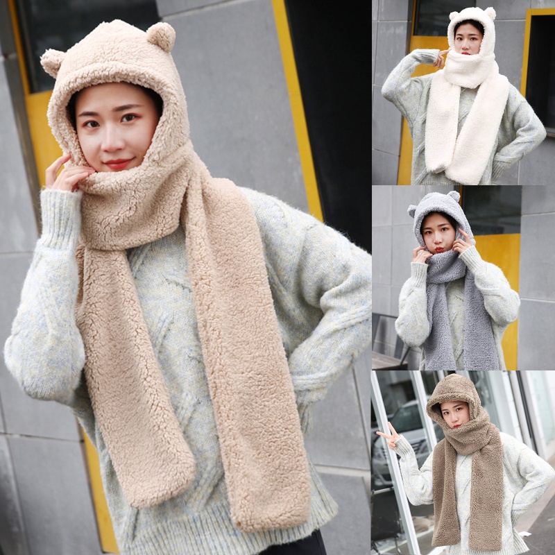 Mũ Trùm Đầu Kèm Khăn Choàng Cổ Hình Tai Gấu Bằng Vải Bông Giữ Ấm Mùa Đông Cho Nữ