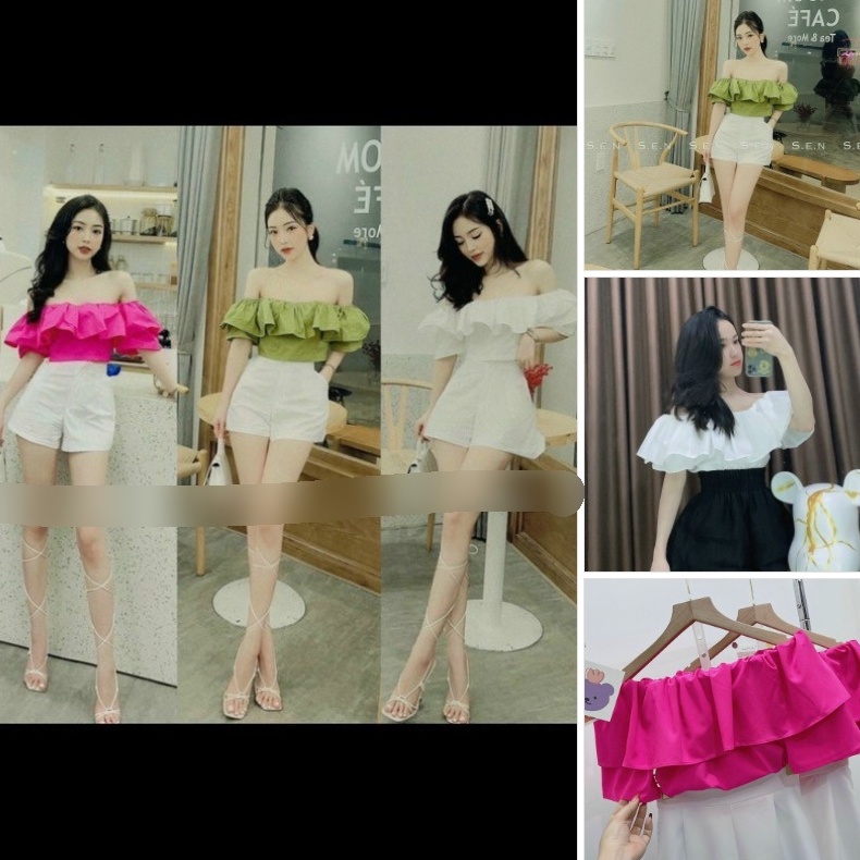 Áo kiểu bẹt vai tầng bèo nhún phồng tay ngắn rực rỡ hottrend 2022 NG | BigBuy360 - bigbuy360.vn