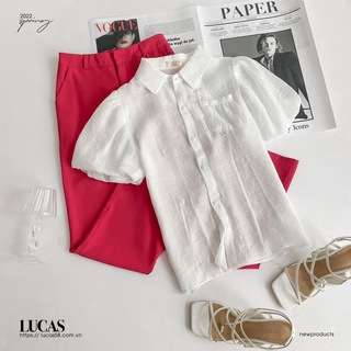 Quần vải hồng ống loe cạp cao dáng dài basic