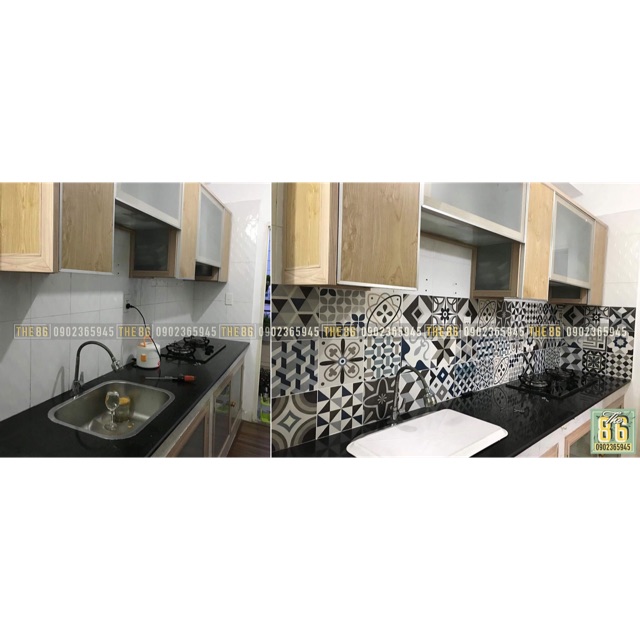 Decal gạch bông dán bếp xám xanh