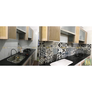 Decal gạch bông dán bếp xám xanh
