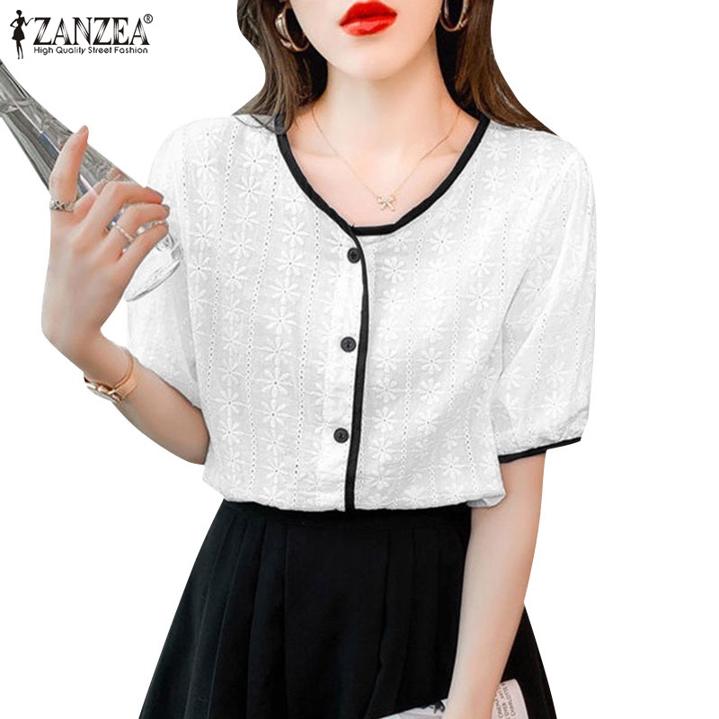 Zanzea Áo Kiểu Nữ Ngắn Tay Cổ Tròn Thêu Hoa Thời Trang
