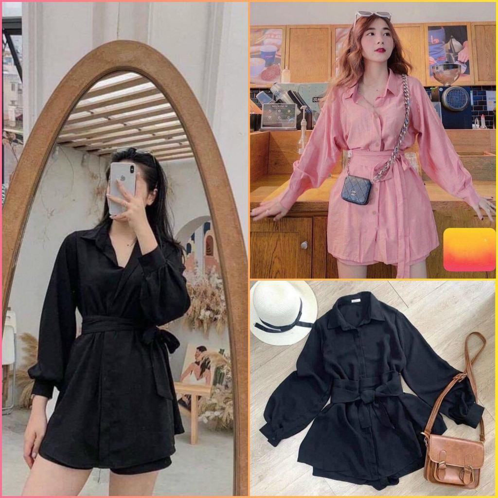 Set bộ Đùi Cổ Bẻ cột nơ eo hot trend tinh tế, SET SƠ MI KÈM QUẦN