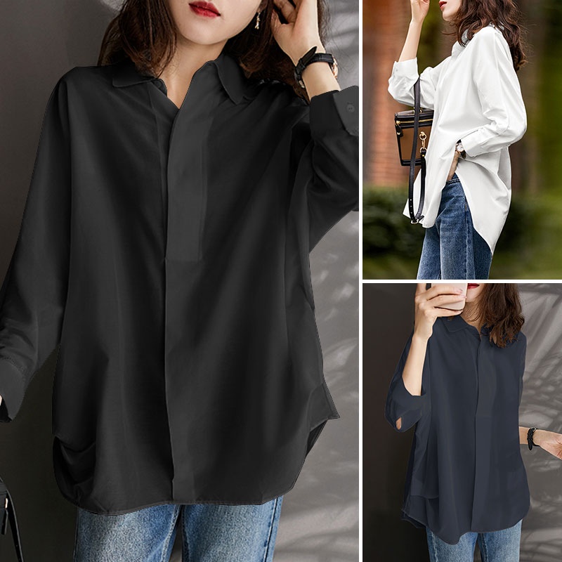 Zanzea Áo Sơ Mi Tay Dài Viền Bên Phong Cách Hàn Quốc Thanh Lịch Dành Cho Nữ