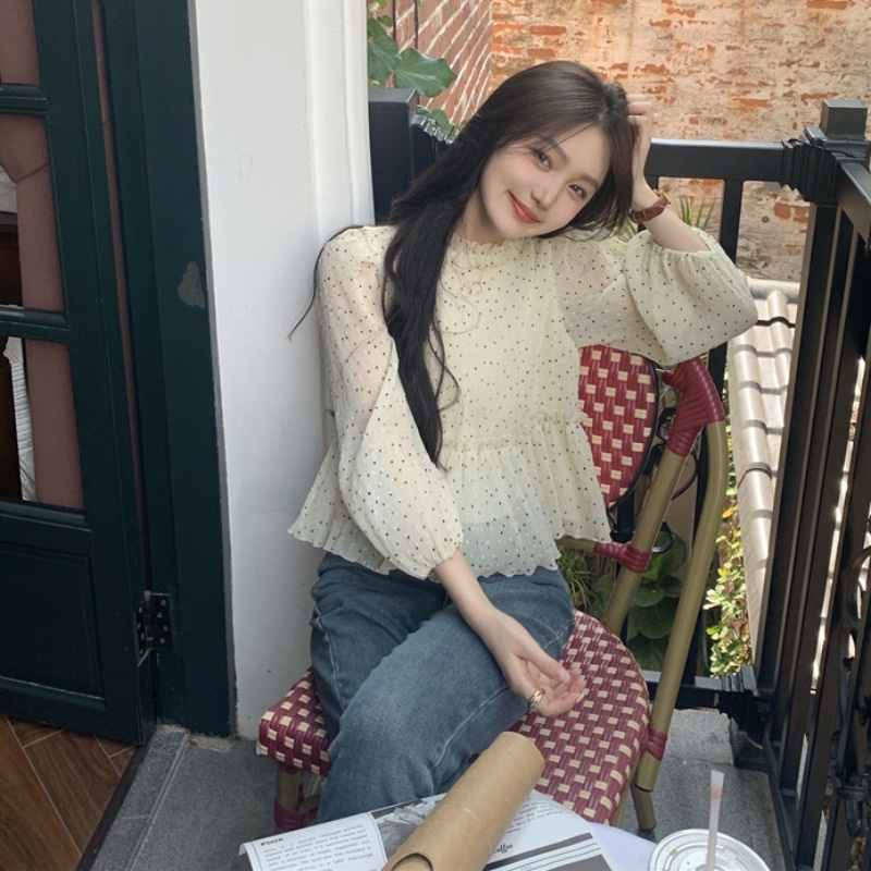 Áo sơ mi voan chấm bi nữ mùa xuân và mùa thu năm 2021