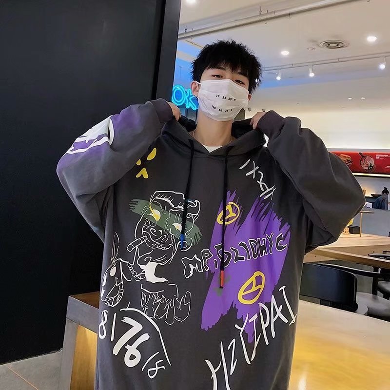 Áo hoodie dáng rộng tay dài in họa tiết graffiti gồm 3 màu sắc