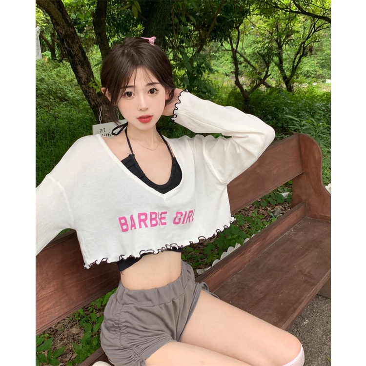 HUANG YOYO Set Đồ Hai Mảnh Gồm Áo Thun Cổ Chữ V Tay Ngắn Chống Nắng Phiên Bản Hàn Quốc Thời Trang Cho Nữ