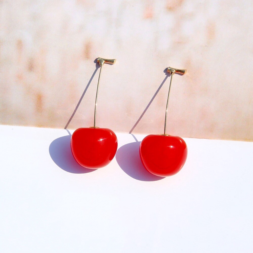 Khuyên tai dáng dài mặt hình quả cherry đỏ phối tua rua xinh xắn cho nữ