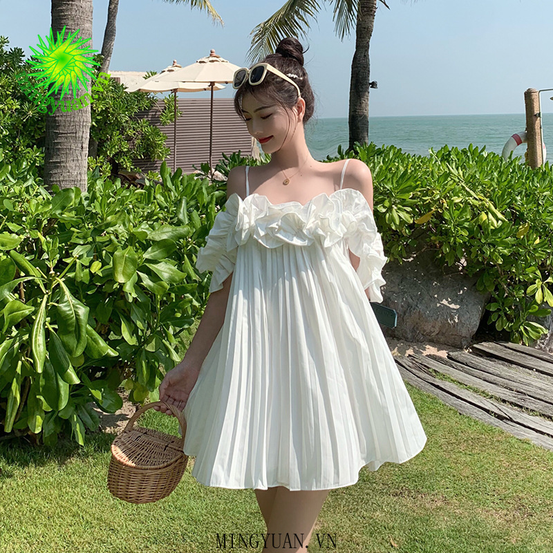 ( Mingyuan ) New off-shoulder white suspender fairy skirt dress