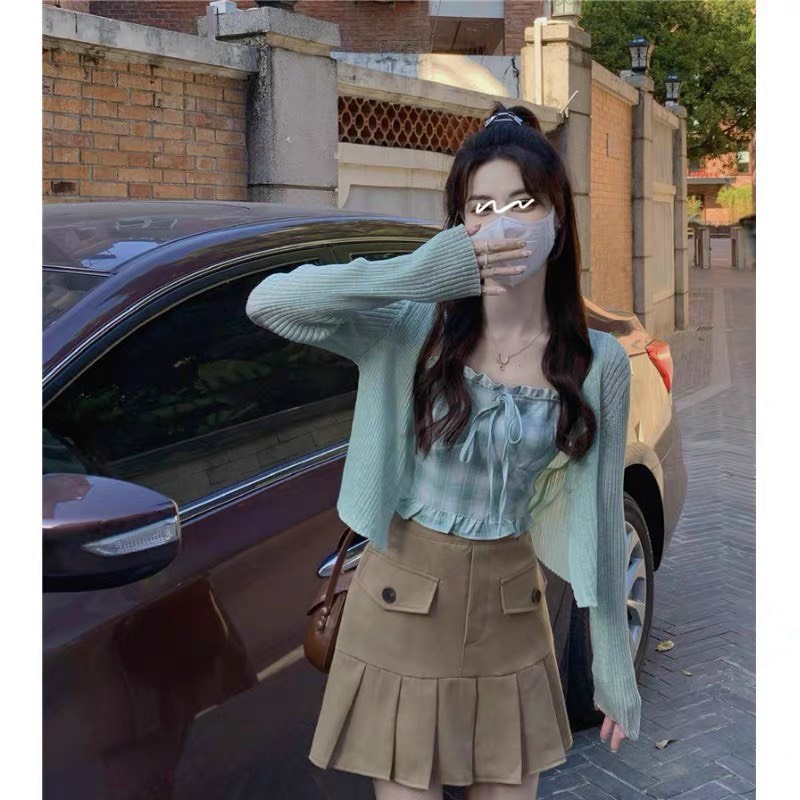 Set áo cardigan + áo 2 dây kẻ thắt nơ xanh mint hot trend