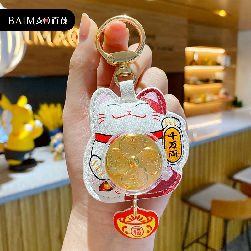 Móc khóa mèo thần tài may mắn chong chóng vàng móc cặp, balo, túi xách