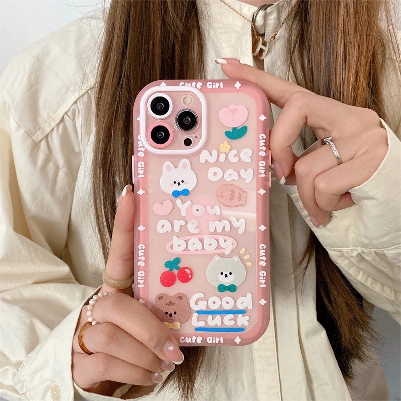 (SIÊU RẺ) Ốp lưng iphone viền dày hồng thỏ gấu nice day 7plus/8/8plus/x/xr/xs/11/12/13/pro/max/plus/promax