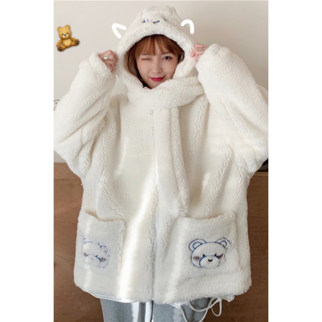 [ HÀNG SẴN TAOBAO 008 ] Áo khoác bông lông cừu túi gấu mũ gấu liền khăn form rộng siêu ấm
